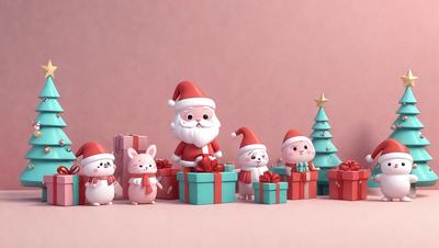 The primary subject of the image is a collection of toy figurines, including Santa Claus and other Christmas-themed characters. These toys are arranged in a row, standing next to each other. The setting is a pink background, which adds a warm and festive atmosphere to the scene. The visual style is a combination of digital art and illustration, creating a vibrant and engaging display. The colors and mood of the image are predominantly pink and cheerful, reflecting the holiday spirit.